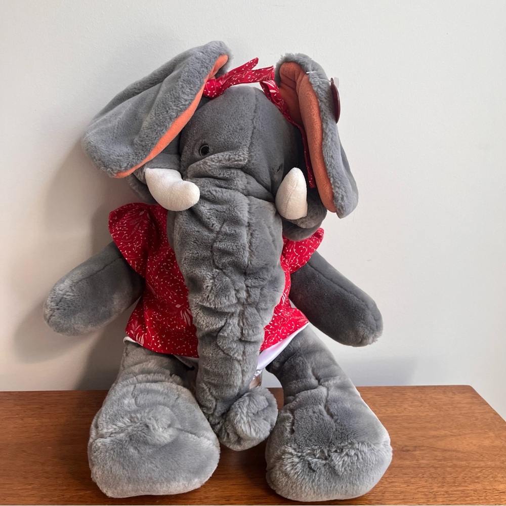 Vintage 1985 Wrinkles Gray Elephant Plush Hand Puppet with Red Dress & Bows